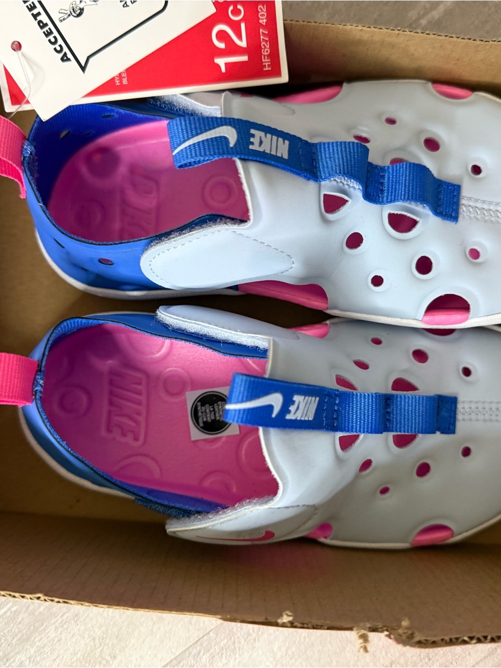 Nike Kids White Water Shoes with Pink Insole and Blue Strap